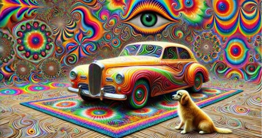 A psychedelic vintage car and a golden retriever on a patterned rug